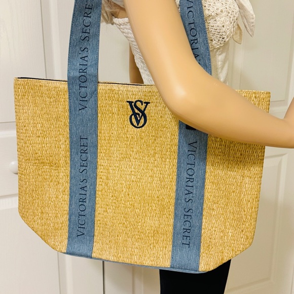 Victoria’s Secret Straw Beige Blue Tote Bag NWT - Picture 3 of 13